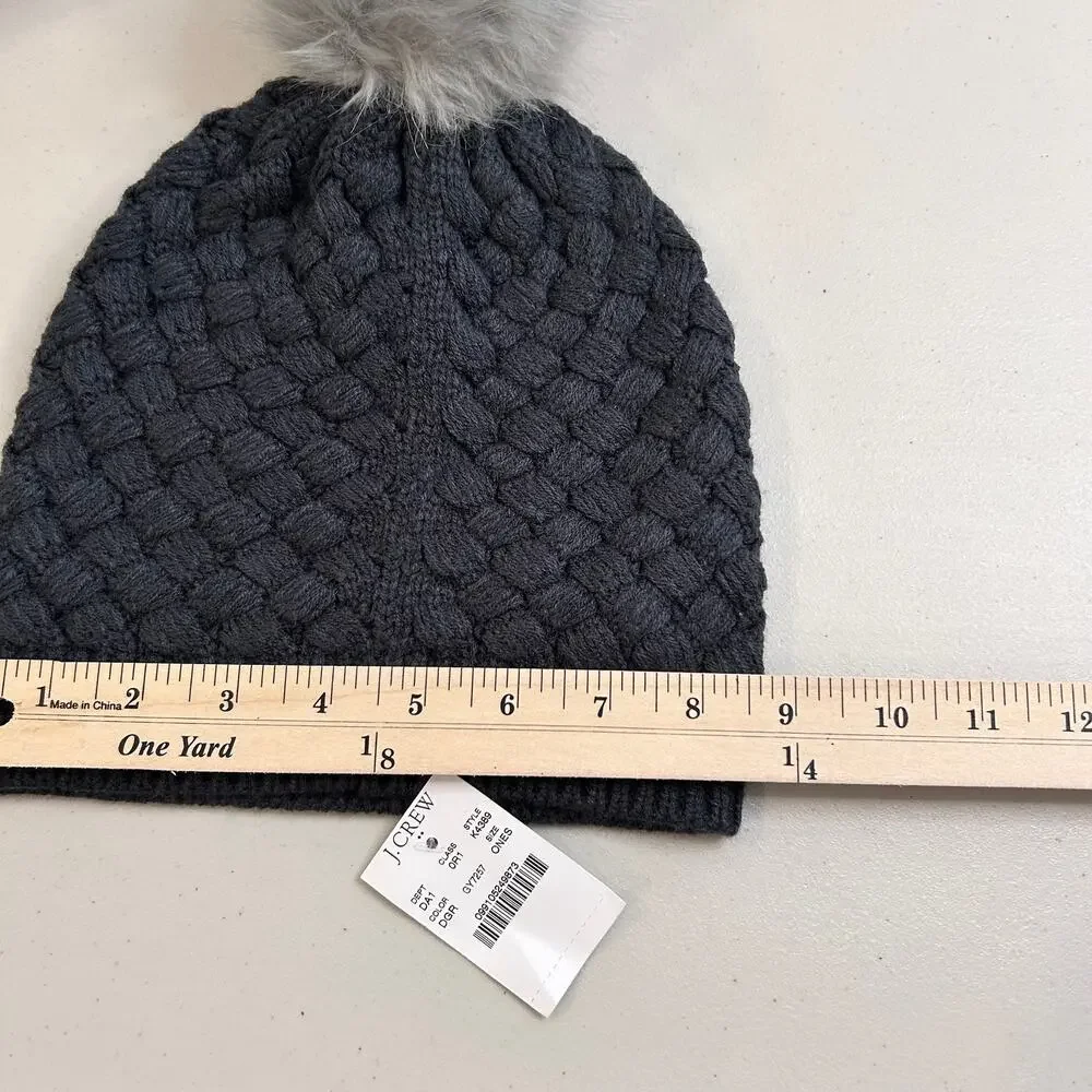 J. Crew Wool Cashmere Peacoat Gray PLUS Beanie Faux Fur Pom Basket Weave Cap